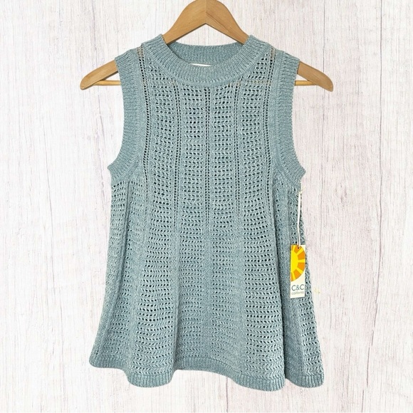 NWT C&C CALIFORNIA Mint Green Open Knit Sleeveless Swing Style Sweater Top - Picture 1 of 10